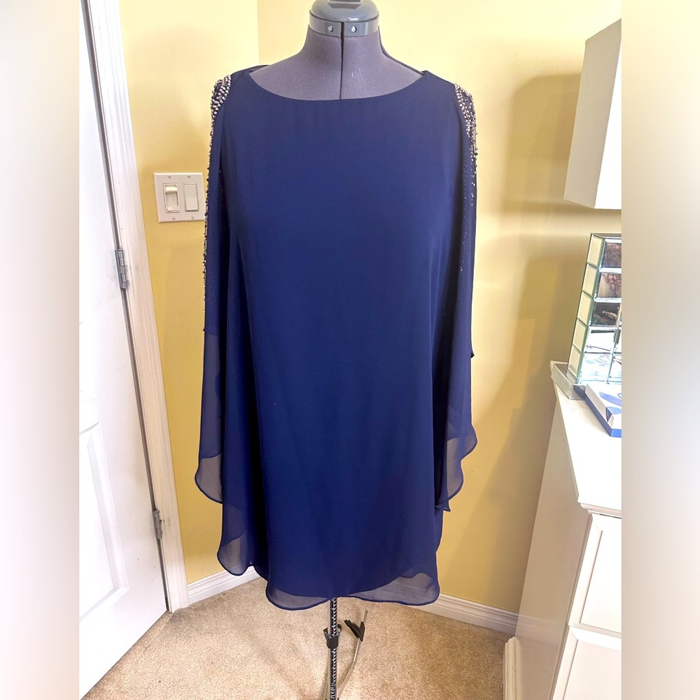 BA Nites Elegant Navy Blue Dress with Beaded chiffon overlay size 12